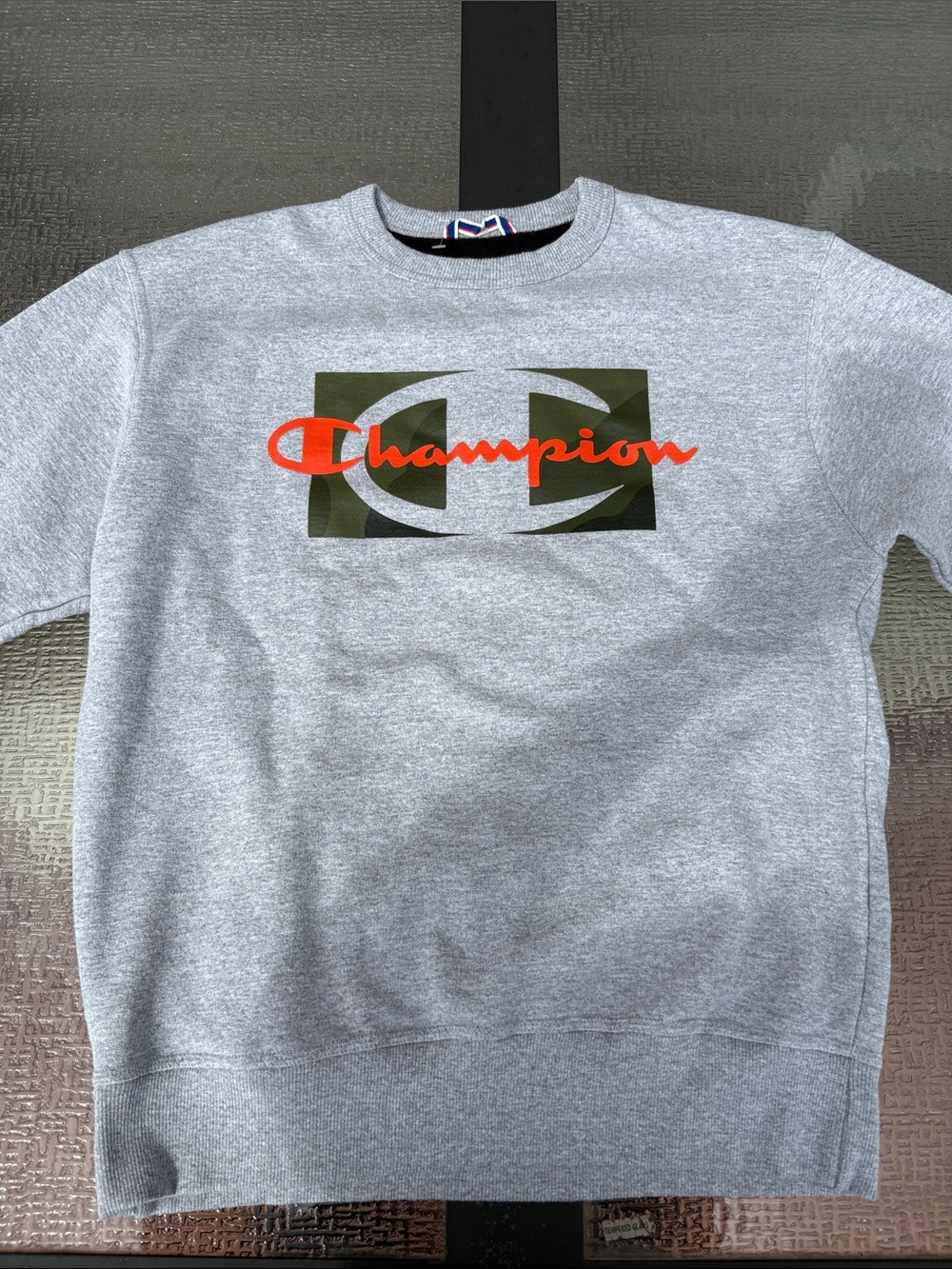Champion Gray Crewneck Sweatshirt with Olive & Orange Logo